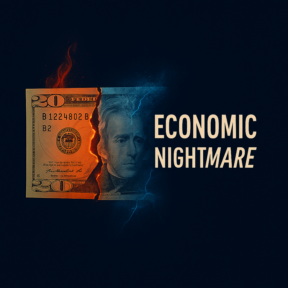 twenty-dollar bill split in two: the left side burning in flames, the right side frozen in ice with cracks. Text reads: Economic Nightmare.
