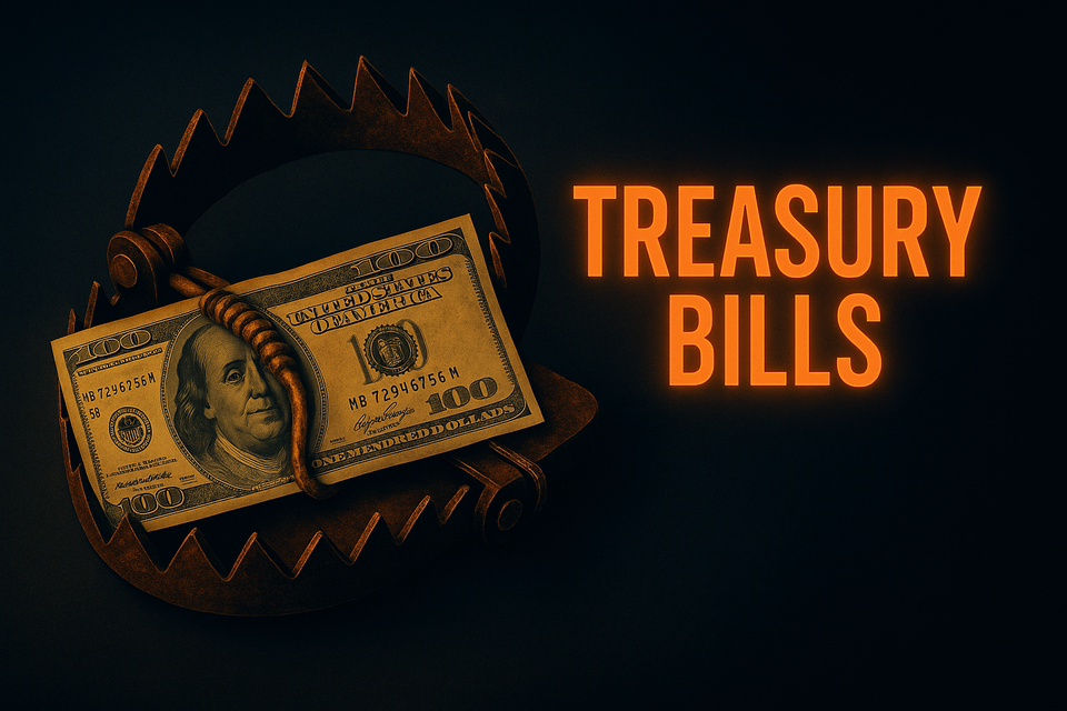Dark navy thumbnail with a $100 bill rolled like an IOU, stamped with glowing orange text “T-BILLS.”