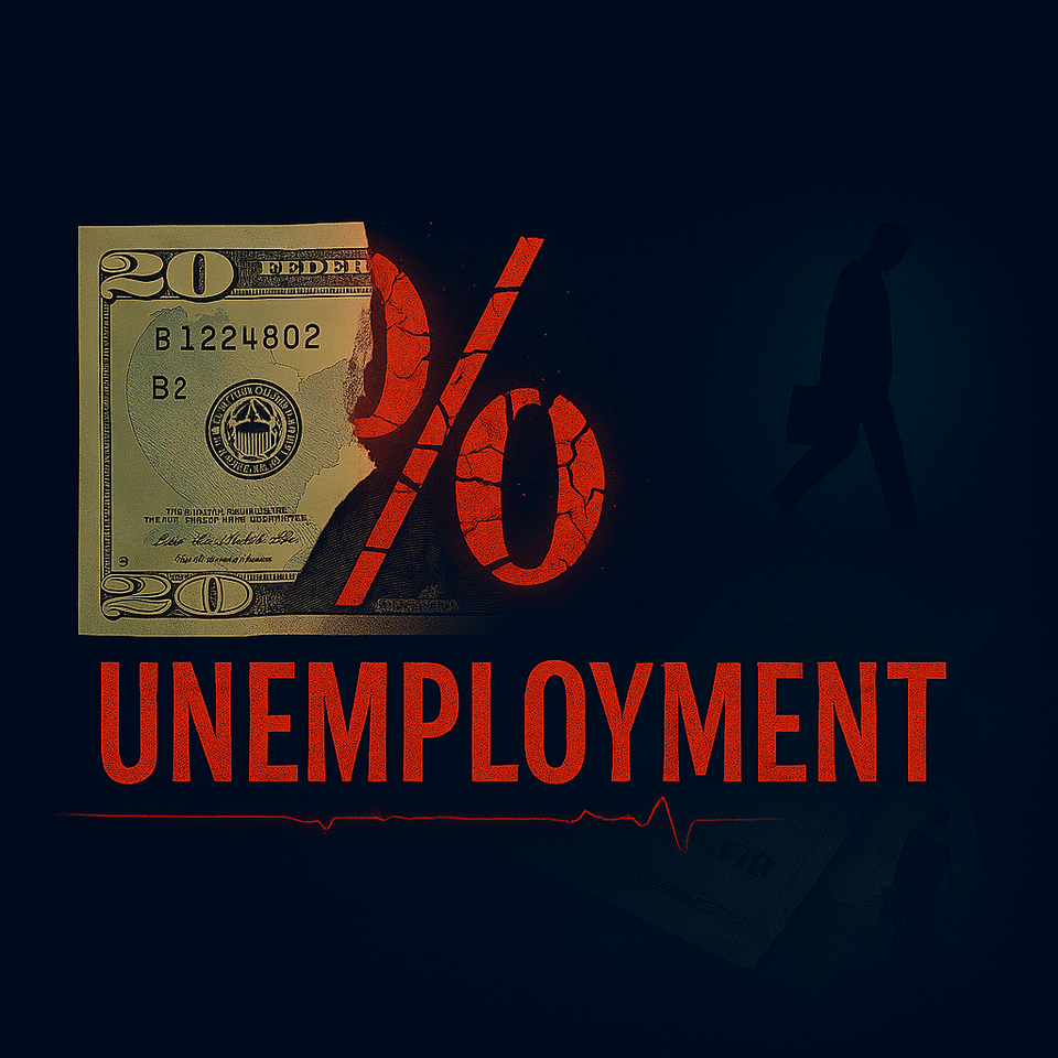 A $20 bill with a fractured red percentage symbol (%) shattering across it. A faint red EKG line runs behind, with scattered job applications stamped ‘Rejected.’ Text reads: Unemployment.