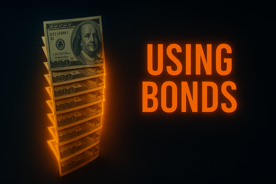 Dark navy thumbnail with U.S. currency arranged like glowing ladder rungs, bold orange text reading “Using Bonds.”