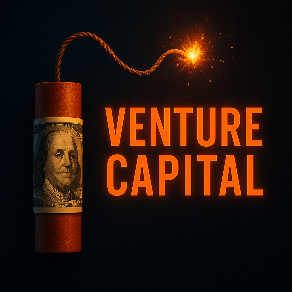 Dark navy thumbnail with a glowing orange rocket made of dollar bills launching upward, bold text reading “Venture Capital.”
