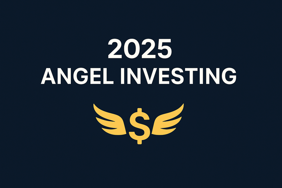 Bold graphic with the words “2025 Angel Investing” in white on a midnight-blue background, featuring a modern dollar sign with subtle angel wing accents in yellow.