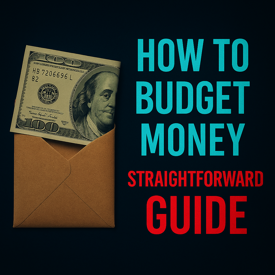 An envelope with a $100 bill sticking out next to bold text reading 'How to Budget Money: Straightforward Guide