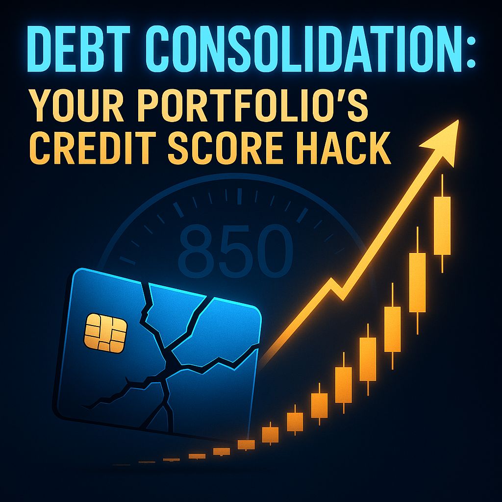 Dark blue feature image with glowing text “Debt Consolidation: Your Portfolio’s Credit Score Hack,” a cracked credit card, a faint 850 score dial, and a rising gold candlestick chart