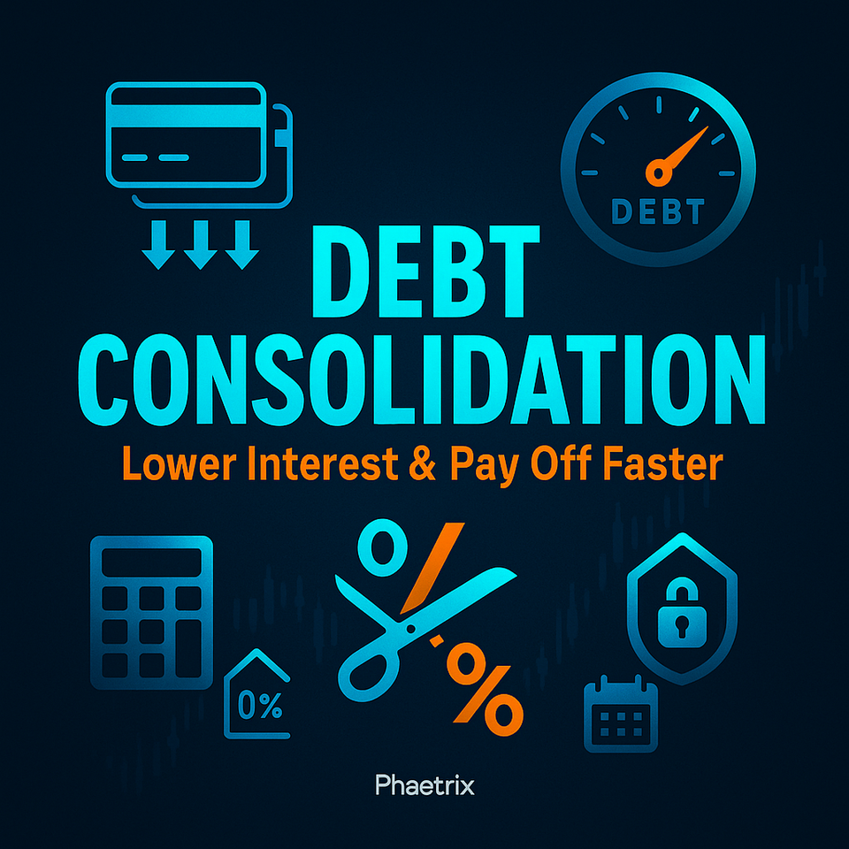 Dark-blue thumbnail with bright “DEBT CONSOLIDATION” title, orange subhead, and icons of a credit card and payoff gauge.