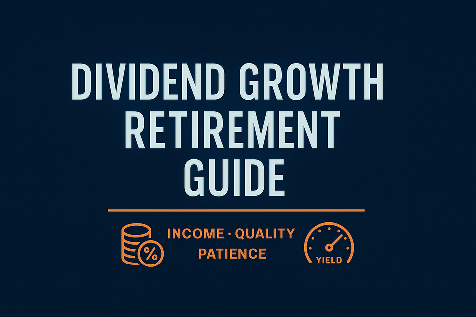 Dark-blue thumbnail reading “Dividend Growth Retirement Guide” with orange subhead “Income • Quality • Patience,” plus coin-stack (%) and yield-gauge icons.