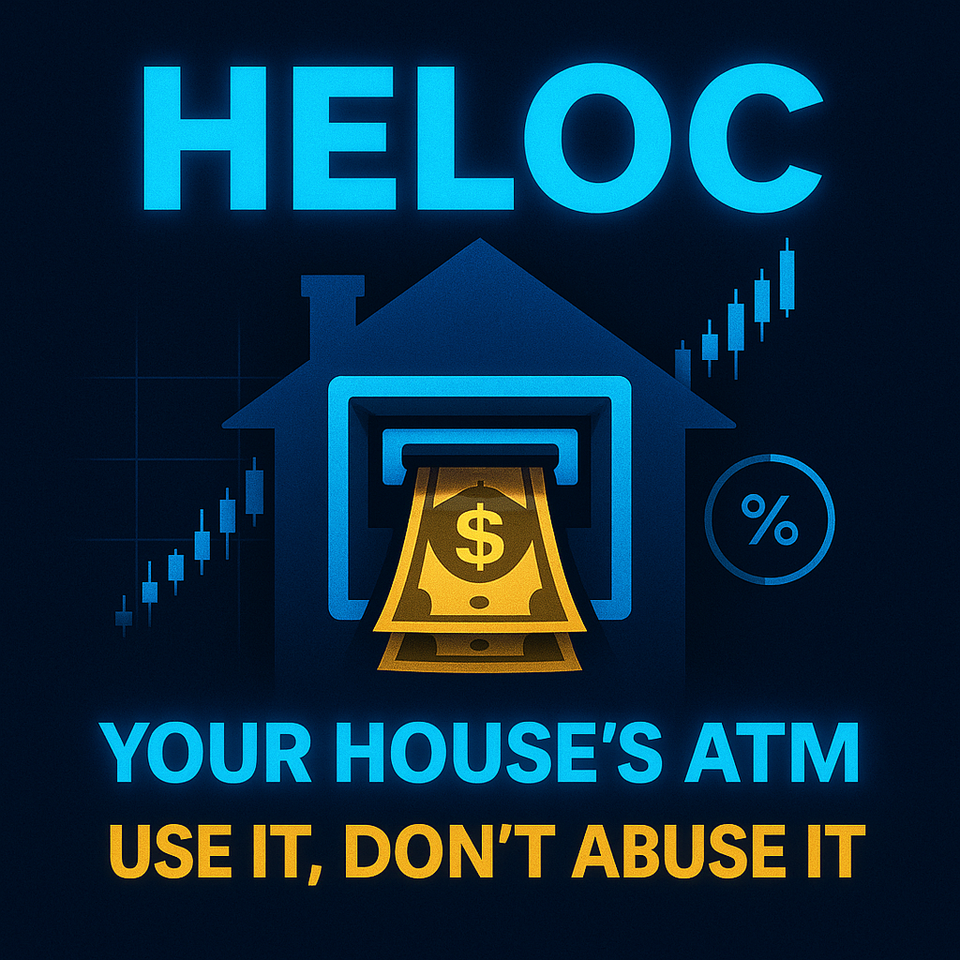 Dark blue cover with glowing title “HELOC: Your House’s ATM,” a house illustrated as an ATM with a card sliding in, prime-rate gauge, and a rising candlestick chart.