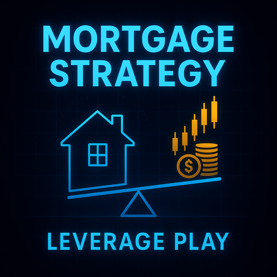 Dark blue cover with glowing text “MORTGAGE STRATEGY – LEVERAGE PLAY”; a house on a seesaw opposite gold coins and a rising candlestick chart.