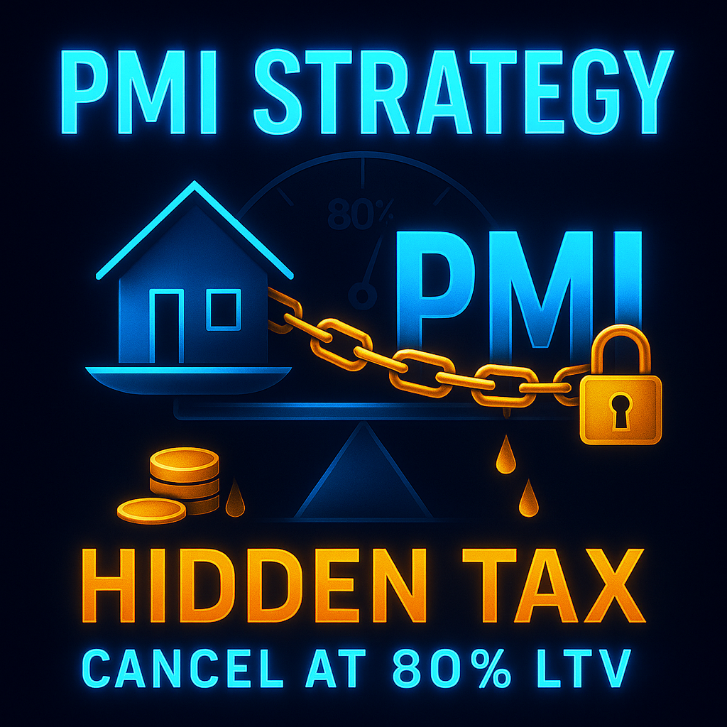 Dark blue thumbnail with glowing “PMI STRATEGY” text, house silhouette, percent dial, and rising candlestick chart.
