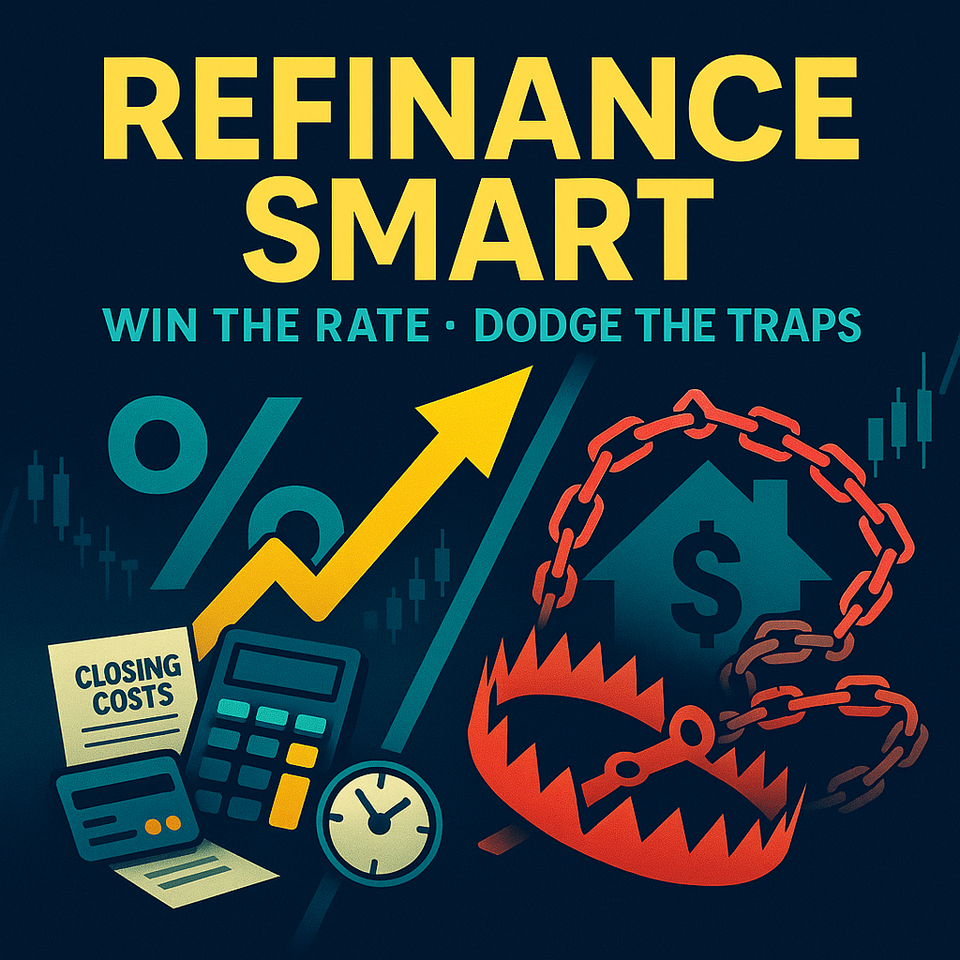 Dark blue cover with glowing “Refinance Smart” title; scissors cutting a % sign above a house, break-even calculator, and a candlestick chart.