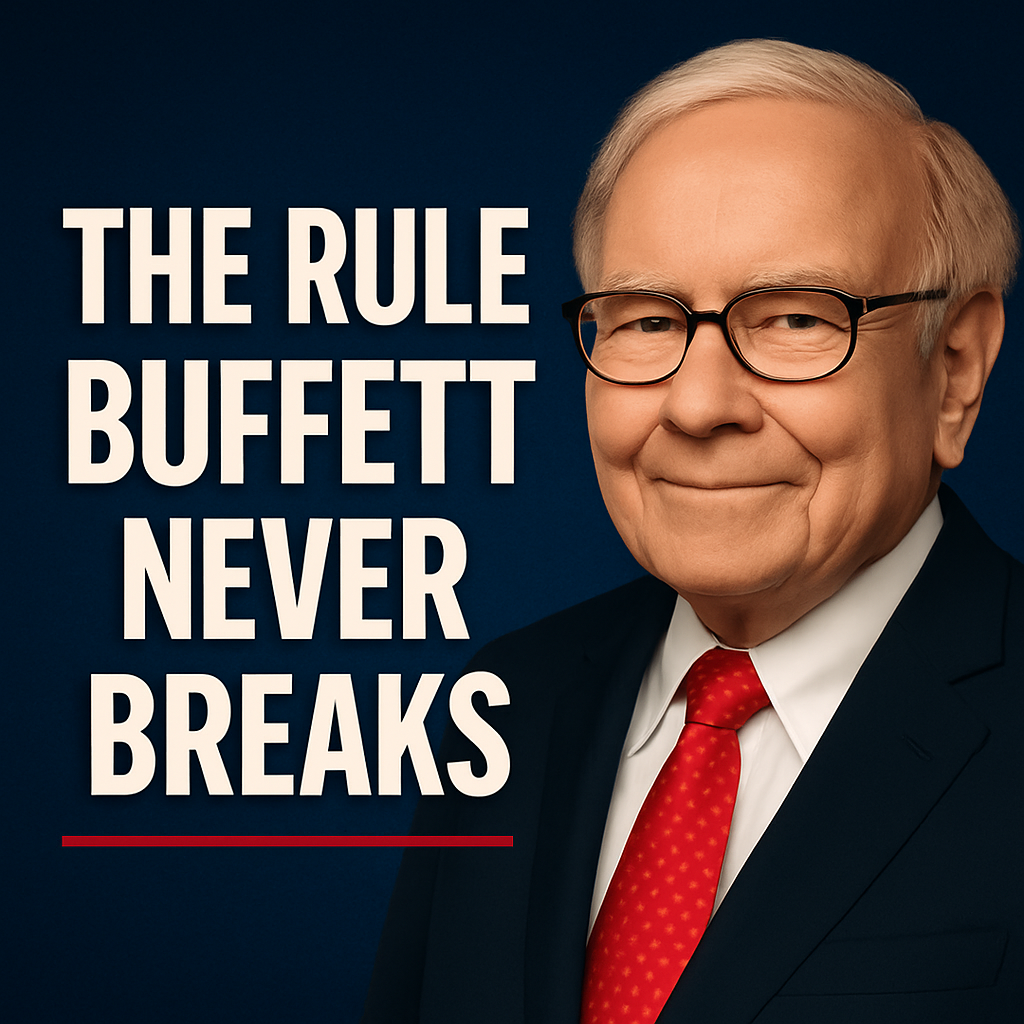 Thumbnail with bold white text reading “The Rule Buffett Never Breaks” on a dark blue background with a subtle stock chart and red underline accent.