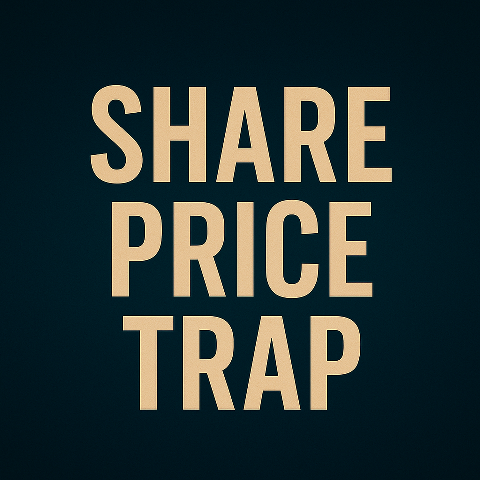 Midnight-blue background with bold beige text reading SHARE PRICE TRAP in all caps