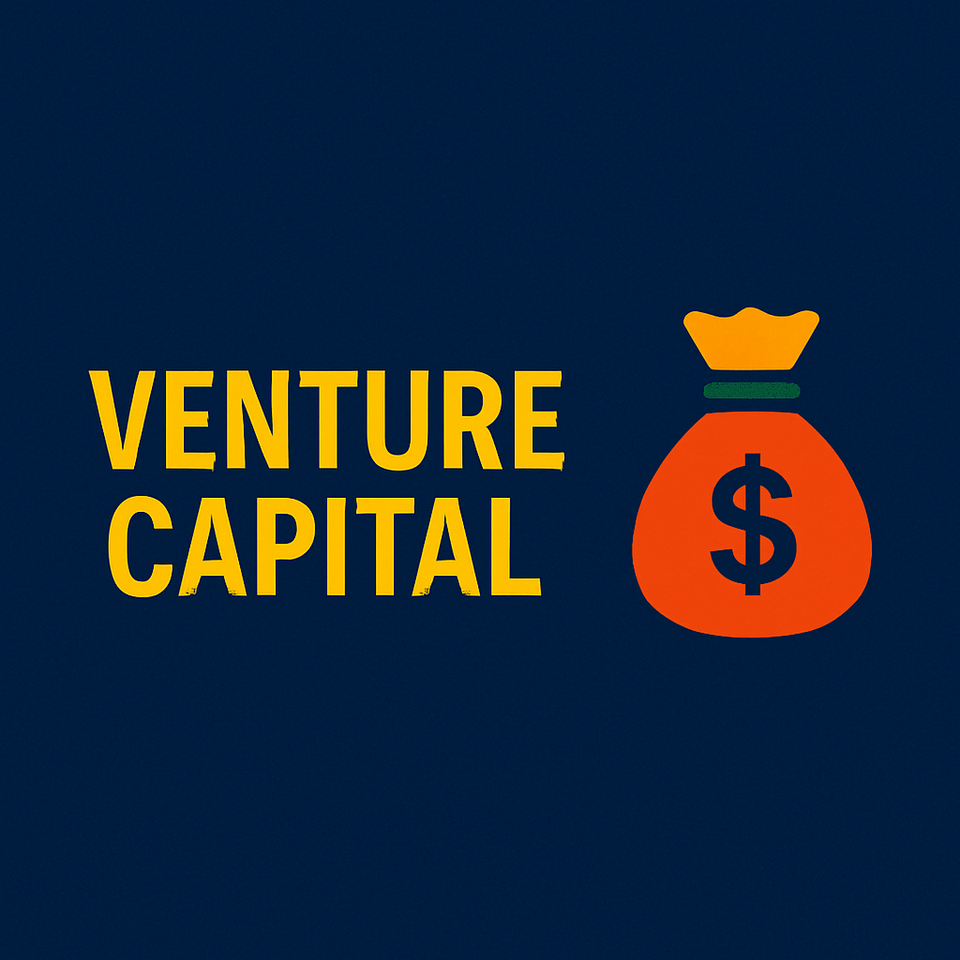 Professional thumbnail on venture capital with bold yellow text and a red-orange money bag icon on a deep blue background