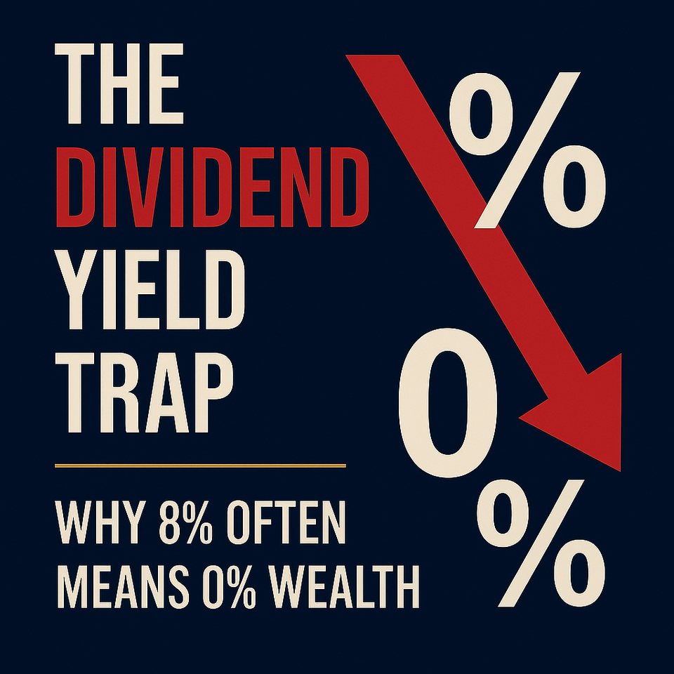 Thumbnail image with bold text “The Dividend Yield Trap” on a dark financial-themed background, highlighting the risks of chasing high dividend yields in investing.