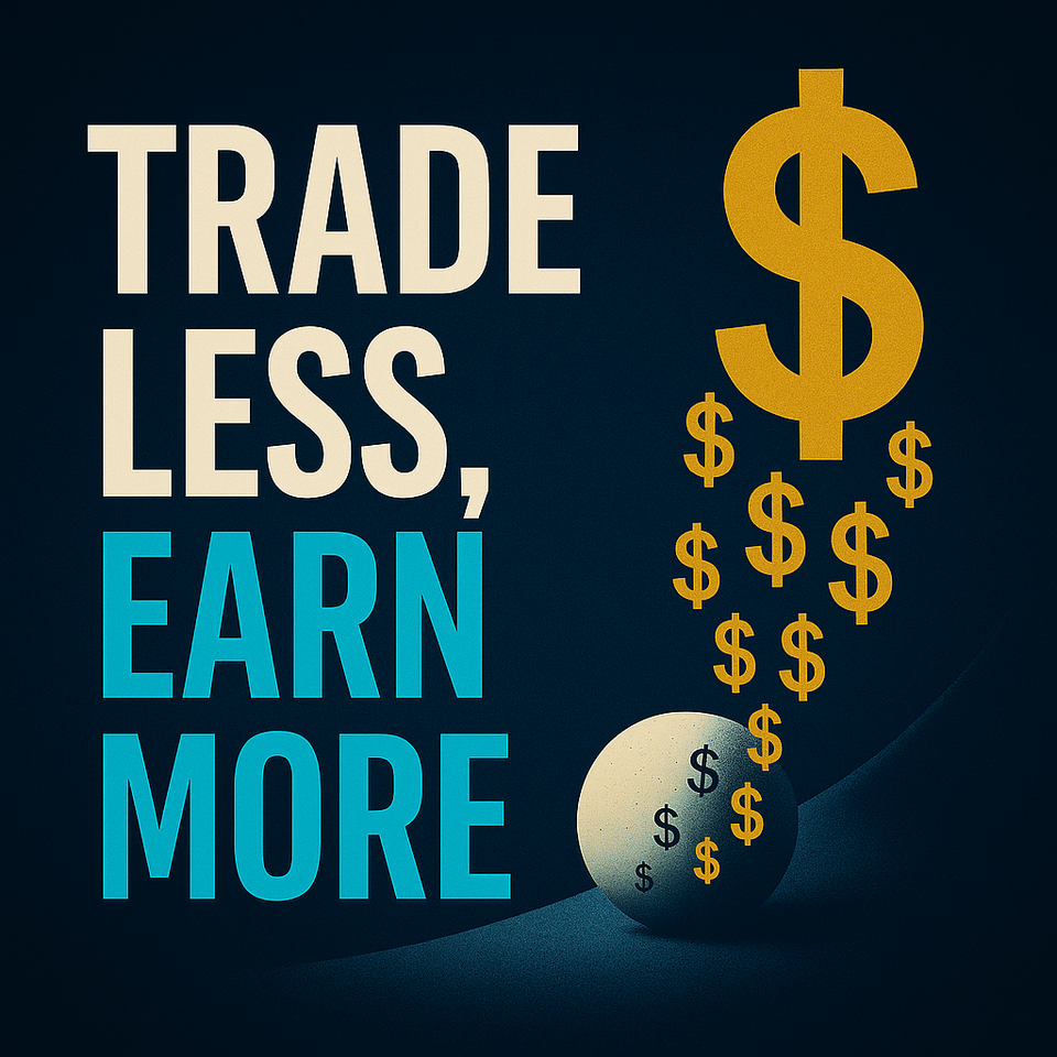 Dark financial graphic with the words “Trade Less, Earn More” beside cascading gold dollar signs rolling from a white sphere on a dark background.