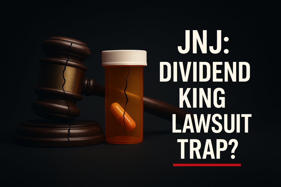 JNJ thumbnail with bold text ‘Dividend King or Lawsuit Trap?’ over a gavel and pill bottle.