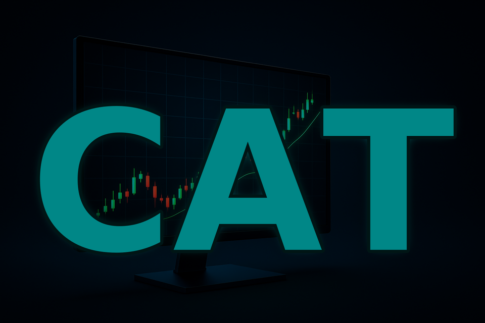 CAT stock ticker with candlestick price chart showing recent volatility against dark background