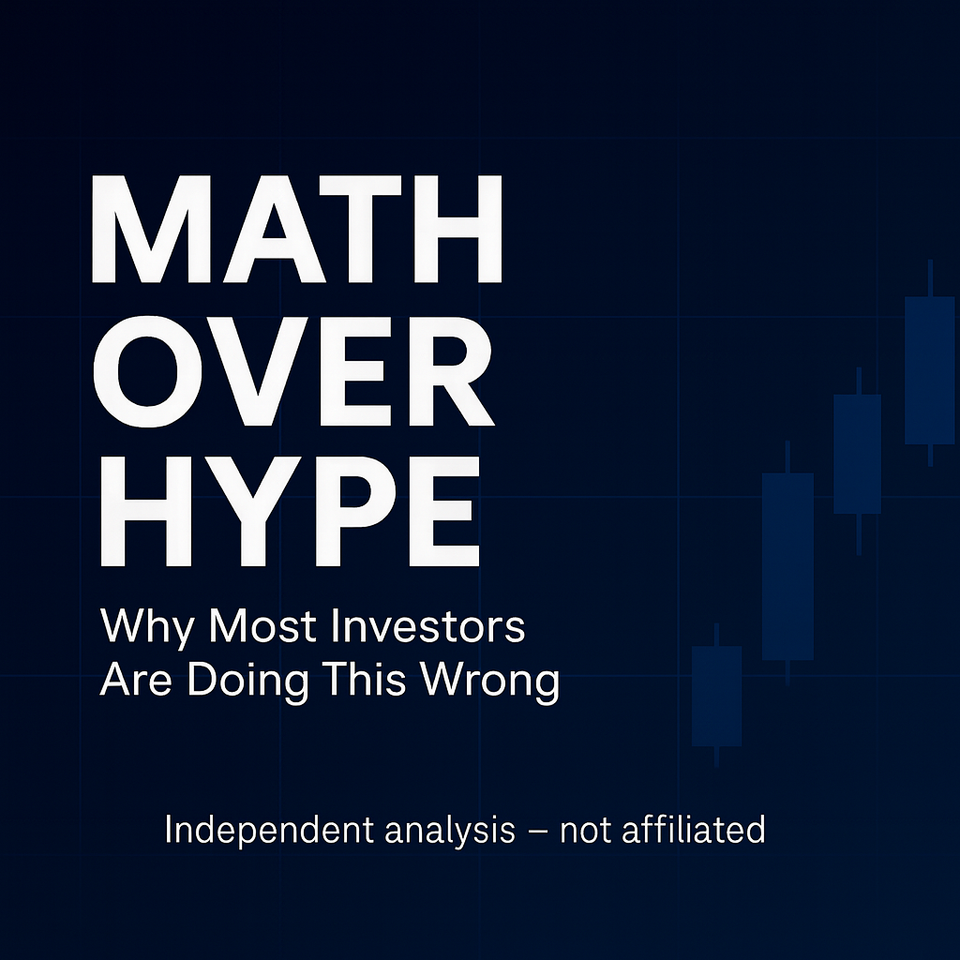 Dark blue thumbnail with grid and candlestick chart, bold text “MATH OVER HYPE” and subtitle “Why Most Investors Are Doing This Wrong