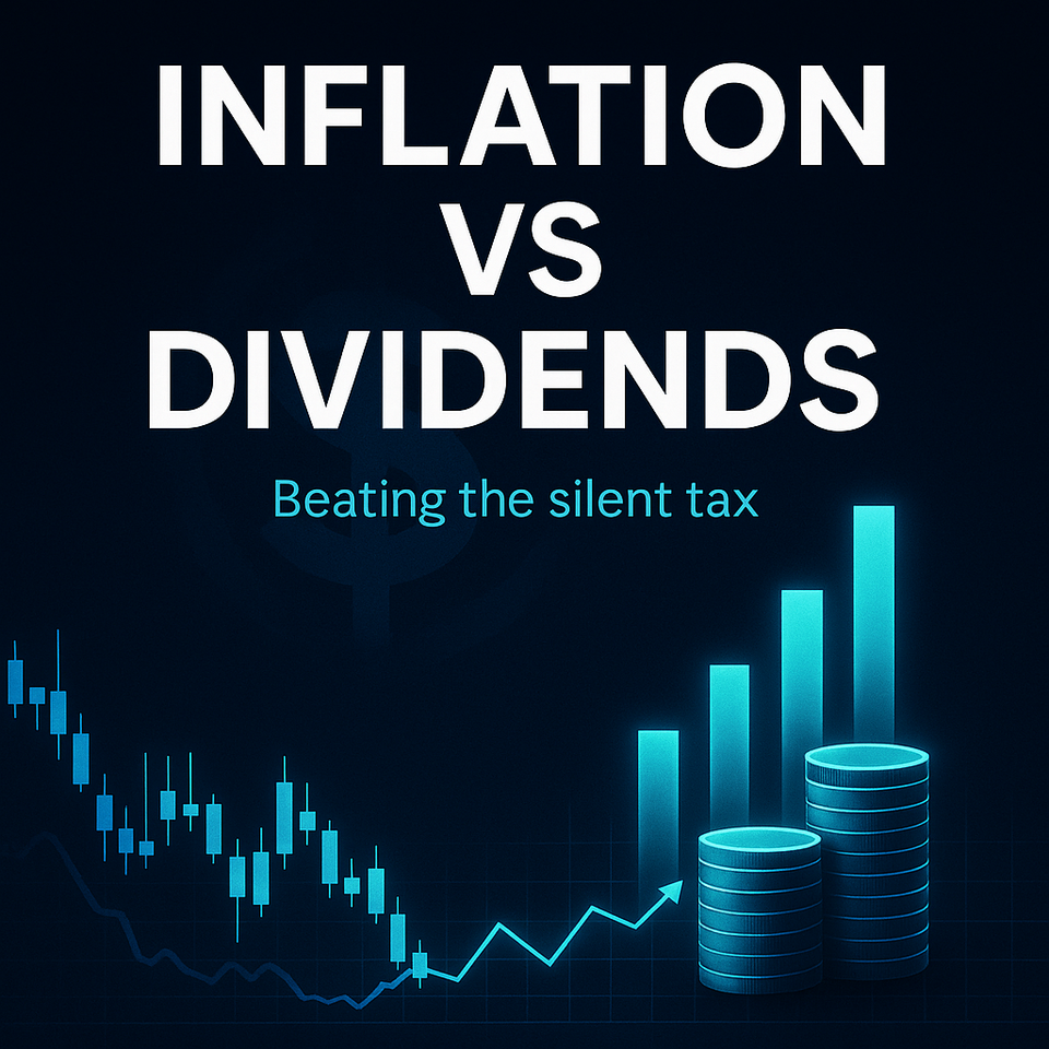 Dark blue graphic with the words “Inflation vs Dividends” and simple stock and bar charts.