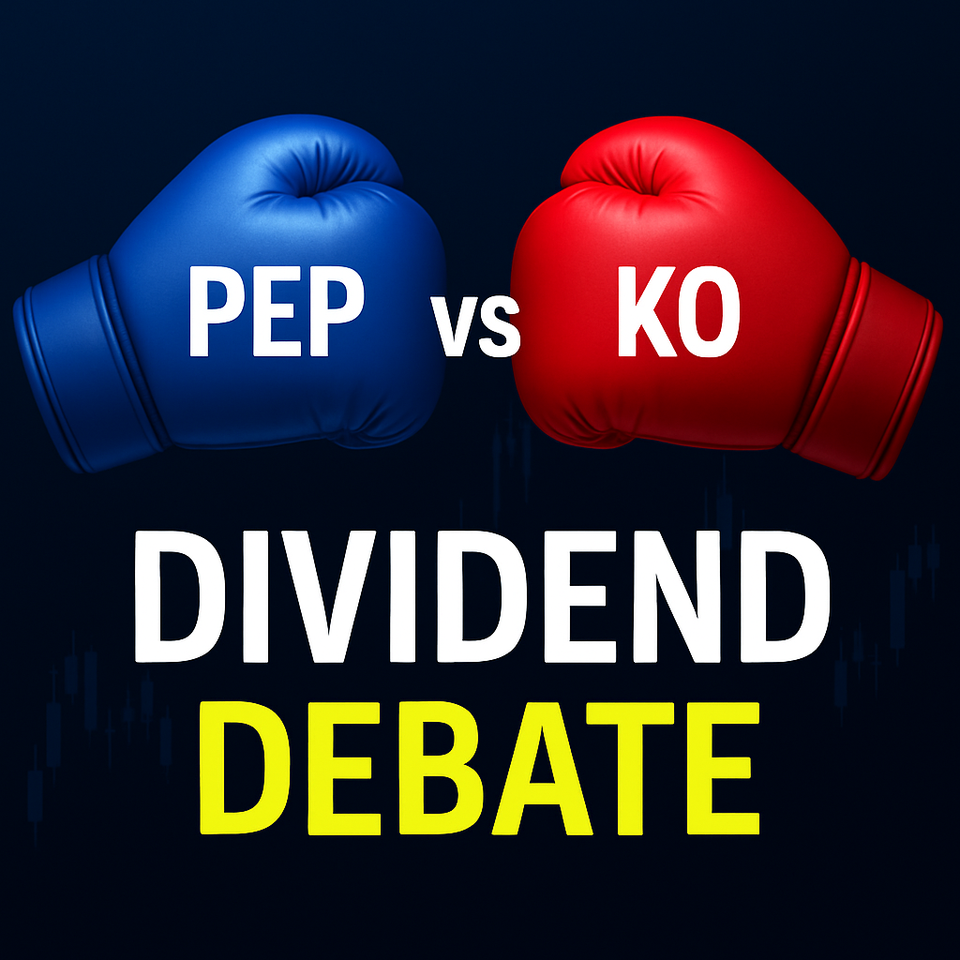 Blue and red boxing gloves labeled PEP and KO facing off above the words “Dividend Debate” on a dark chart-style background.