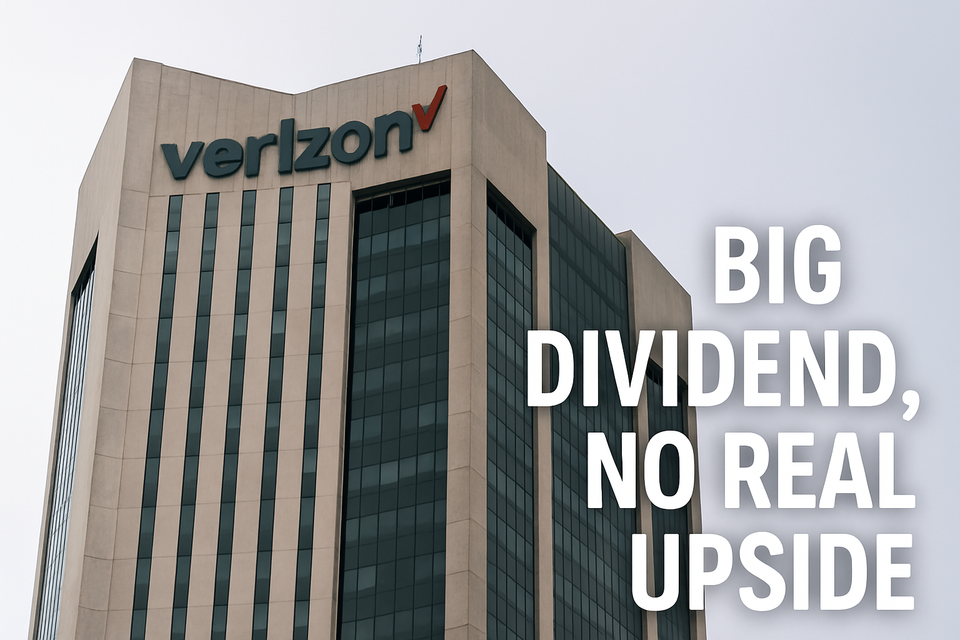 Verizon headquarters tower with logo against cloudy sky, with overlay text reading “Big dividend, no real upside” highlighting income yield but limited upside.