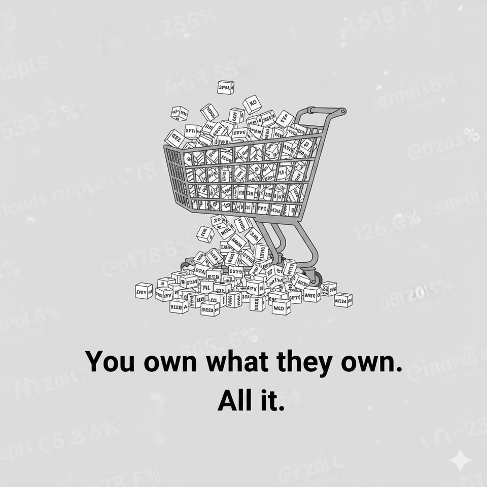 Shopping cart overflowing with stock ticker blocks spilling onto the ground, illustrating ETF holdings