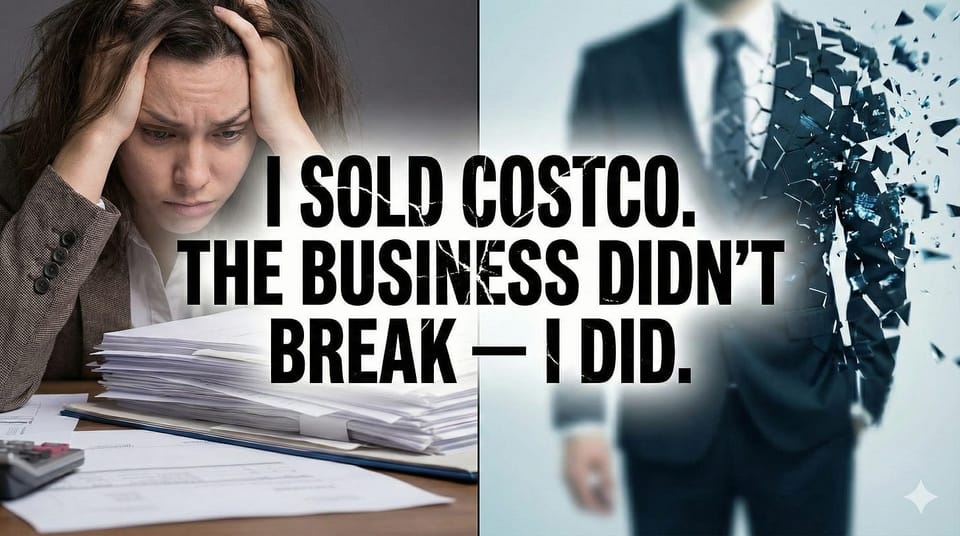 Split image of stressed person at a desk and a shattered suit figure with the text “I SOLD COSTCO. THE BUSINESS DIDN’T BREAK — I DID.”