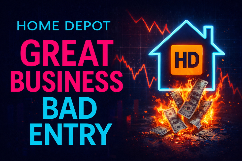 Neon graphic of Home Depot house icon with falling chart and burning cash.