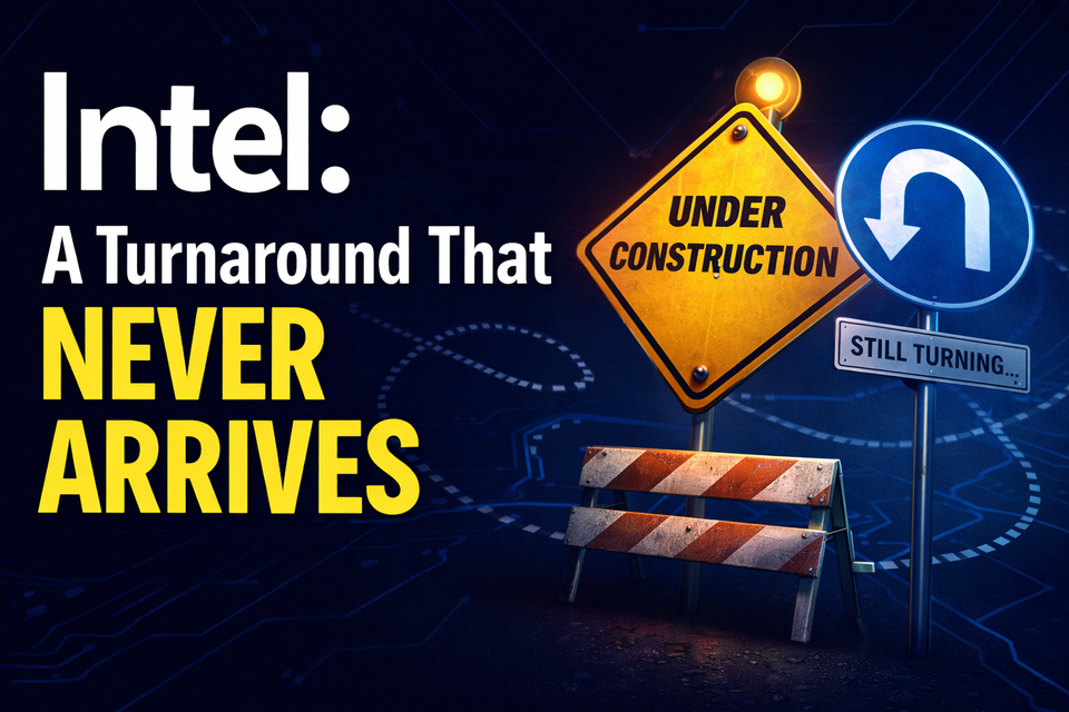 Dark graphic with “Intel: A Turnaround That Never Arrives,” construction and U-turn signs.